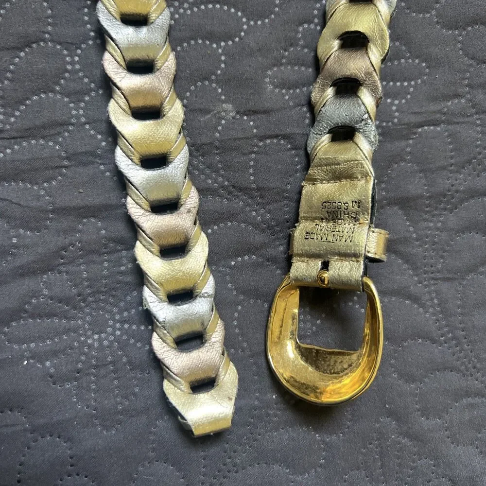 Vintage 70's Belt Adjustable Leather Metallic Glam Wrap Chain Gold Bronze Cream